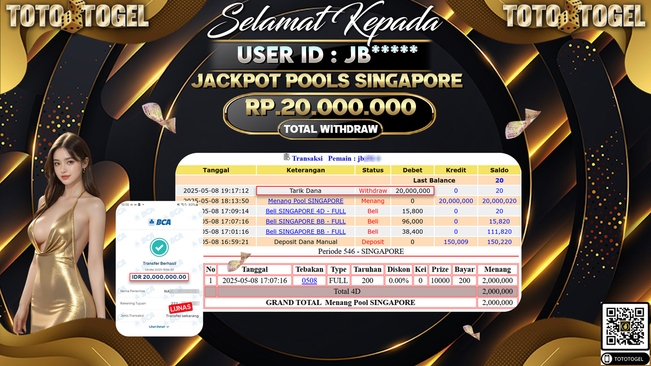 Bukti Pembayaran Jackpot  Permainan Togel Pools Singapore ID:JB***** LUNAS