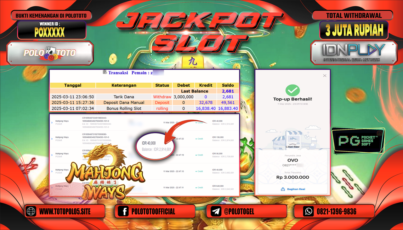 POLOTOTO JACKPOT SLOT MAHJONG WAYS Rp.3.000.000,-