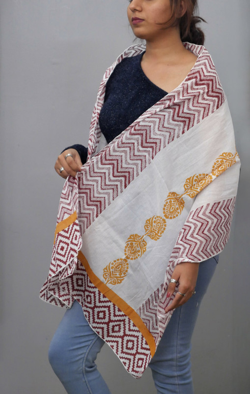 Mustard Bloom & Maroon Maze Handblock Printed Cotton Stole
