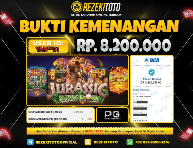 BUKTI KEMENANGAN 31 JULI 2025 :JURASSIC KINGDOM 8 JUTA 