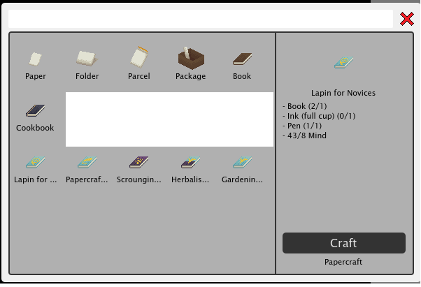 Image of craft menu with 0/1 full cups of ink, some skills anonymized