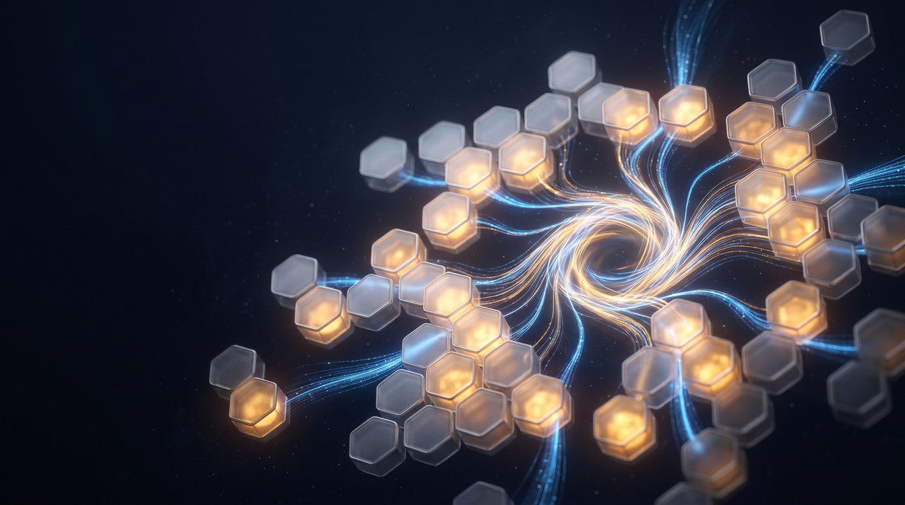 Glowing hexagonal hive network of AI agents sharing memory through golden and blue data streams converging into a central evolution loop.