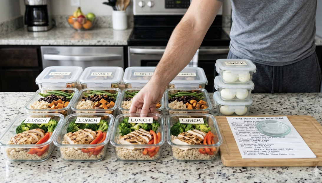 Muscle gain meal prep containers showing chicken rice vegetables eggs for 7 day meal plan muscle gain and weekly diet plan for bulking