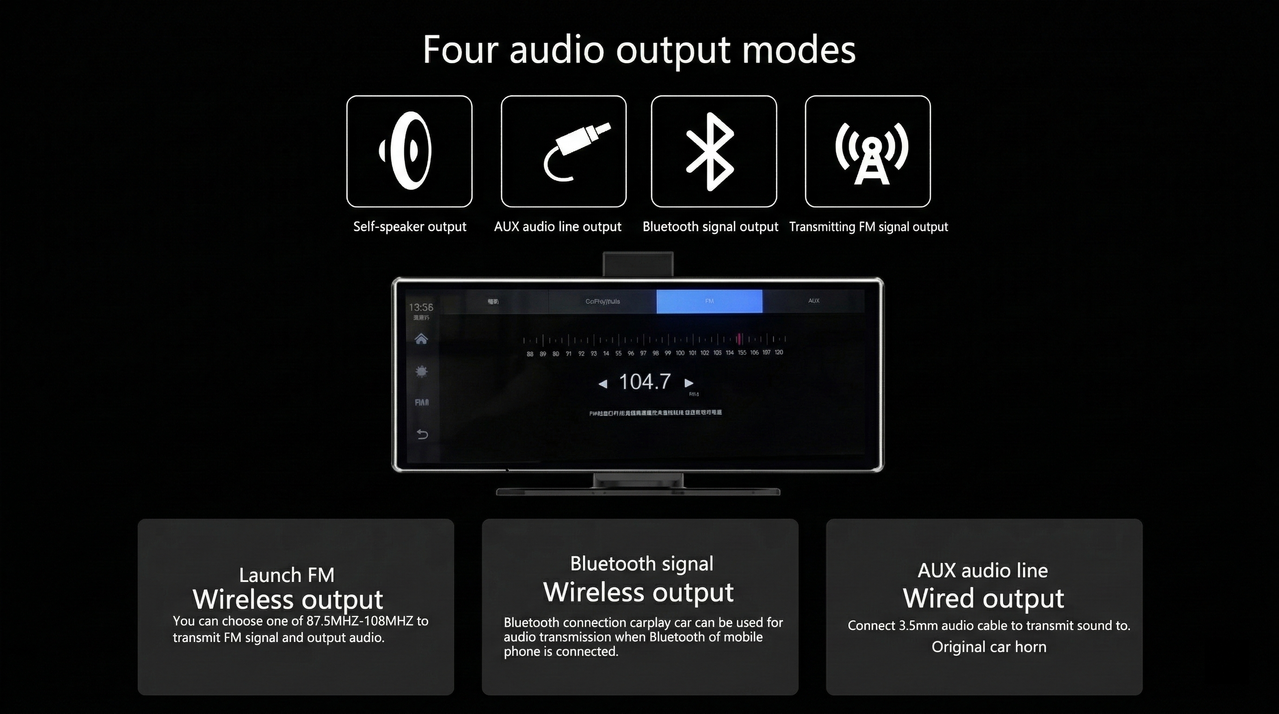 Excitat ecran navigatie auto, iesire audio boxa integrata AUX Bluetooth transmitator FM 87.5-108MHz, compatibil cu multe masini