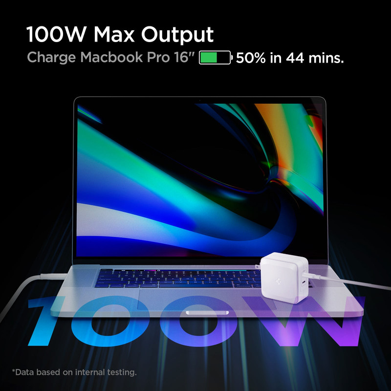 Cargador de pared Spigen ArcStation Pro 100W mostrando sus dos puertos USB-C.