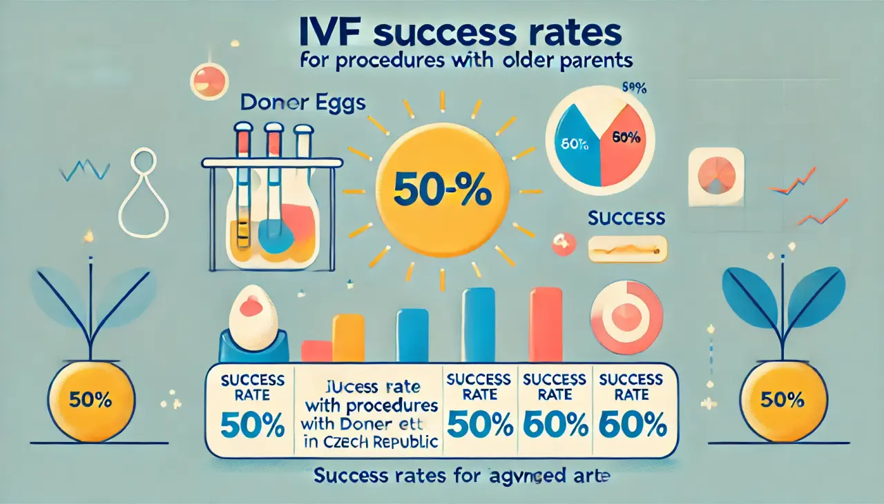 Graphic of success rates for IVF with donor eggs in the Czech Republic, highlighting benefits for older parents with success rates between 50-60%.