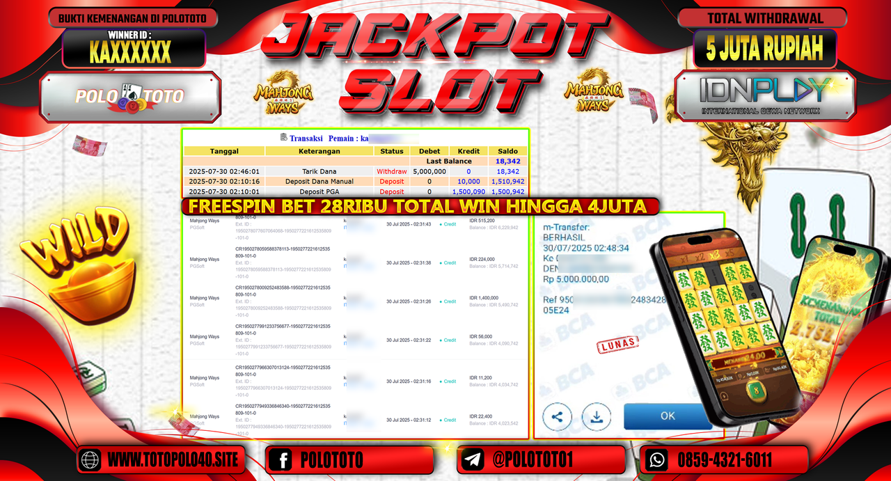 POLOTOTO JACKPOT SLOT MAHJONG WAYS  Rp.5.000.000,-LUNAS
