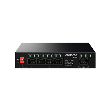 Visão lateral do Switch Intelbras S1105F-P, mostrando seu design compacto.
