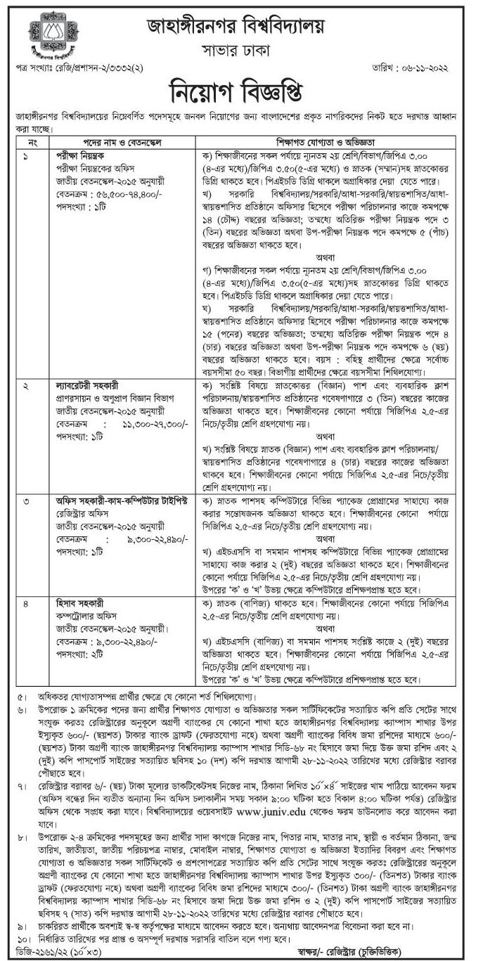 জাহাঙ্গীরনগর বিশ্ববিদ্যালয় নিয়োগ বিজ্ঞপ্তি ২০২২