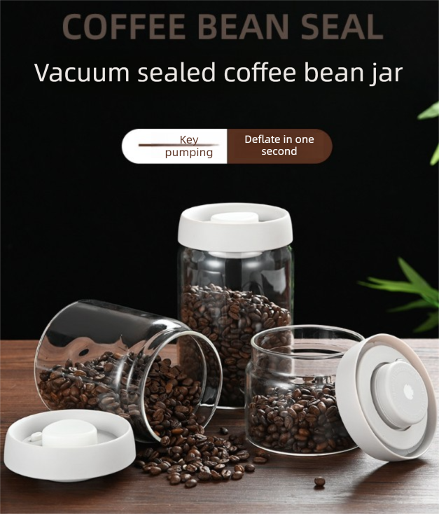 1200ml Large Vacuum Sealed Glass Canister - One-Press Airtight Food Storage Jar - High Borosilicate Coffee Bean Container & Pantry Organiser (Black Lid)