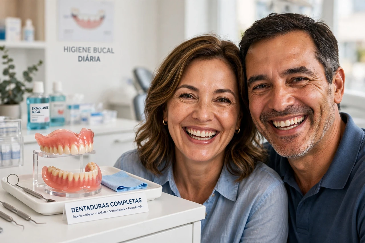 Casal brasileiro sorrindo com próteses dentárias