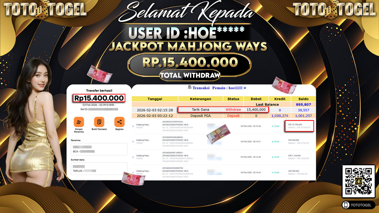 Bukti Pembayaran Jackpot Permainan Slot Mahjong Ways ID:HOE*****LUNAS
