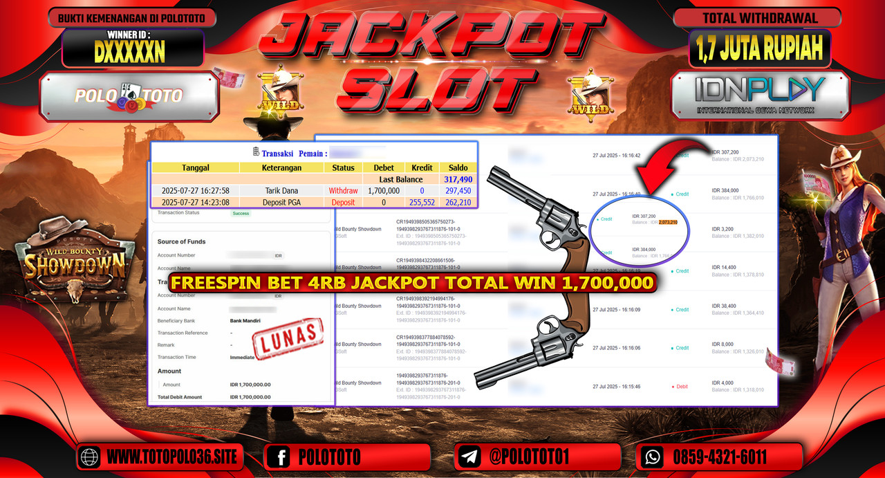 POLOTOTO JACKPOT SLOT WILD BOUNTY SHOWDOWN Rp.1.700.000,- LUNAS