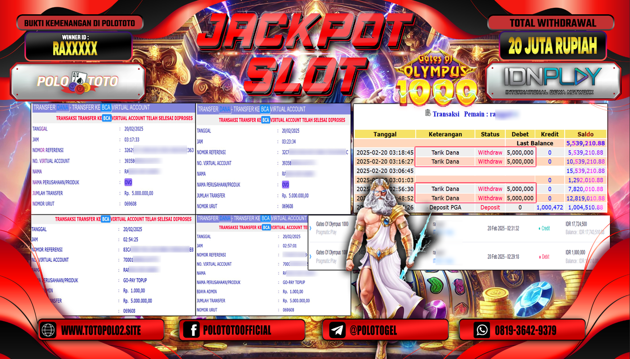 POLOTOTO JACKPOT SLOT GATES OF OLYMPUS 1000 Rp.20.000.000,-