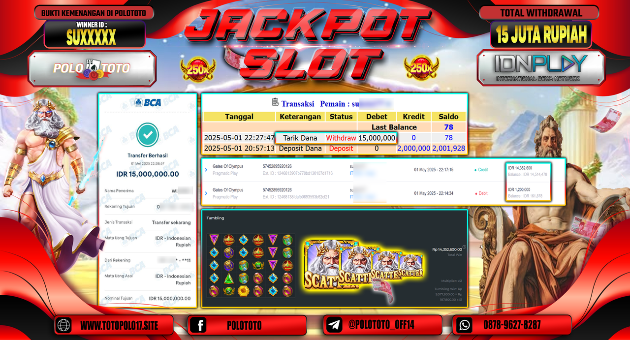 POLOTOTO JACKPOT SLOT GATES OF OLYMPUS Rp.15.000.000,-