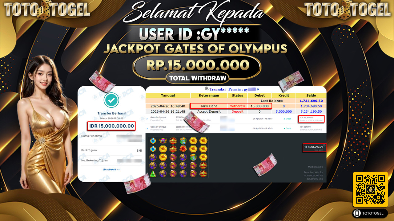 Bukti Pembayaran Jackpot Permainan Slot Gates Of Olympus ID:GY*****LUNAS