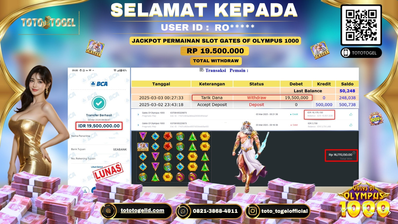 Bukti Pembayaran Jackpot  Permainan Slot Gates Of Olympus 1000  ID:RO***** LUNAS