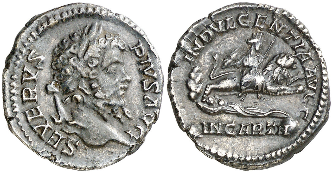 Denario de Septimio Severo. INDVLGENTIA AVGG / IN CARTH. Diosa Celeste sobre león. Roma. Septimio-Severo