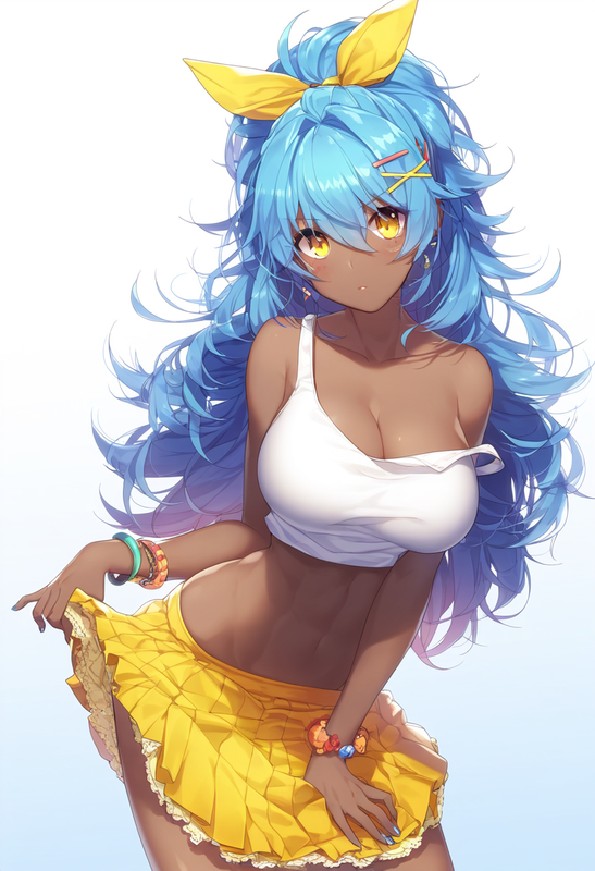 1girl, gradient background, dark skin, big hair, blue hair, muscular, crop top,  s-3761451615
