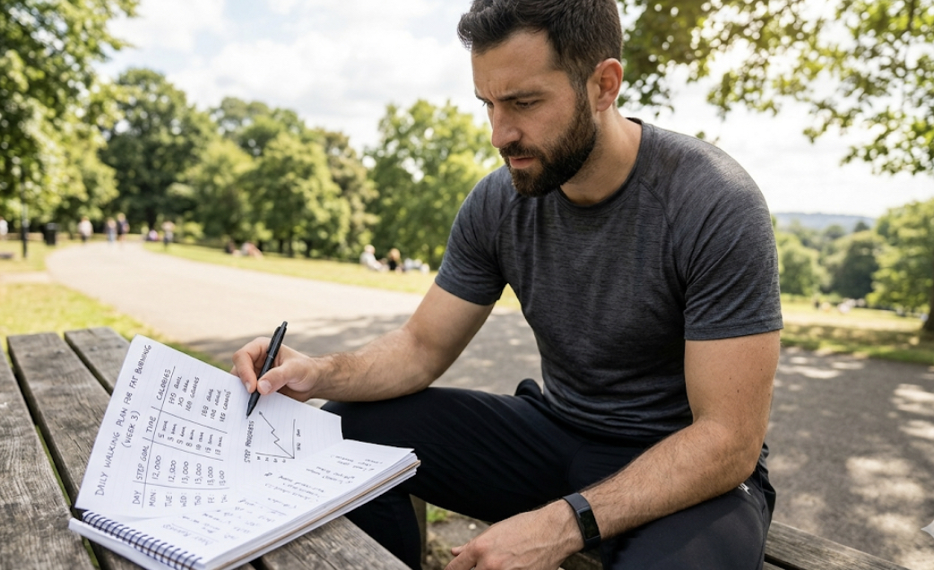 Person looking at walking schedule on a notepad with a pen, planning daily step count for fat burning walking steps