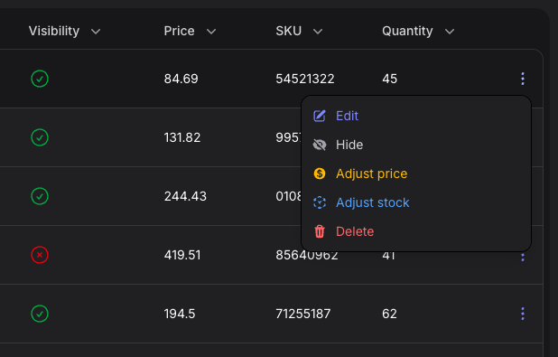 Stature Theme product table row actions in dark mode