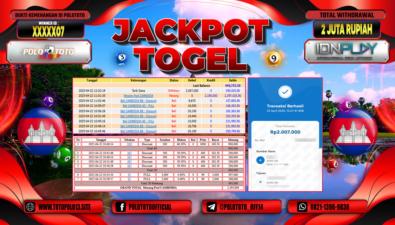 POLOTOTO JACKPOT TOGEL CAMBODIA POOLS Rp.2.007.000,-