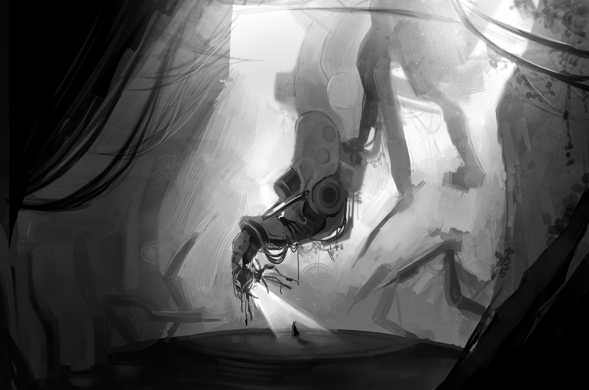 A robot, Blink, standing still. They have a pink cloak on, and their limbs are mismatched or from various models.