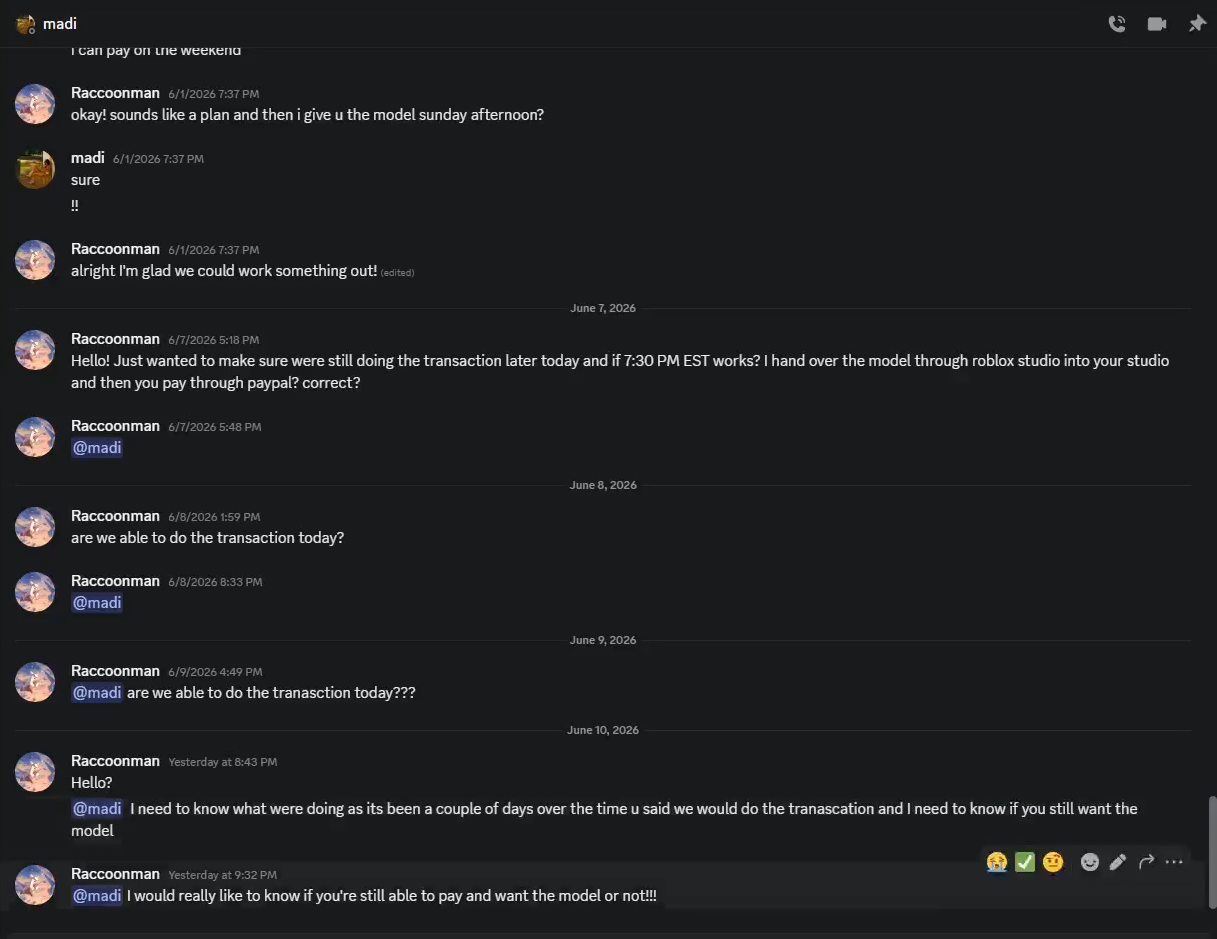 Victim requested payment and suspect ghosted.