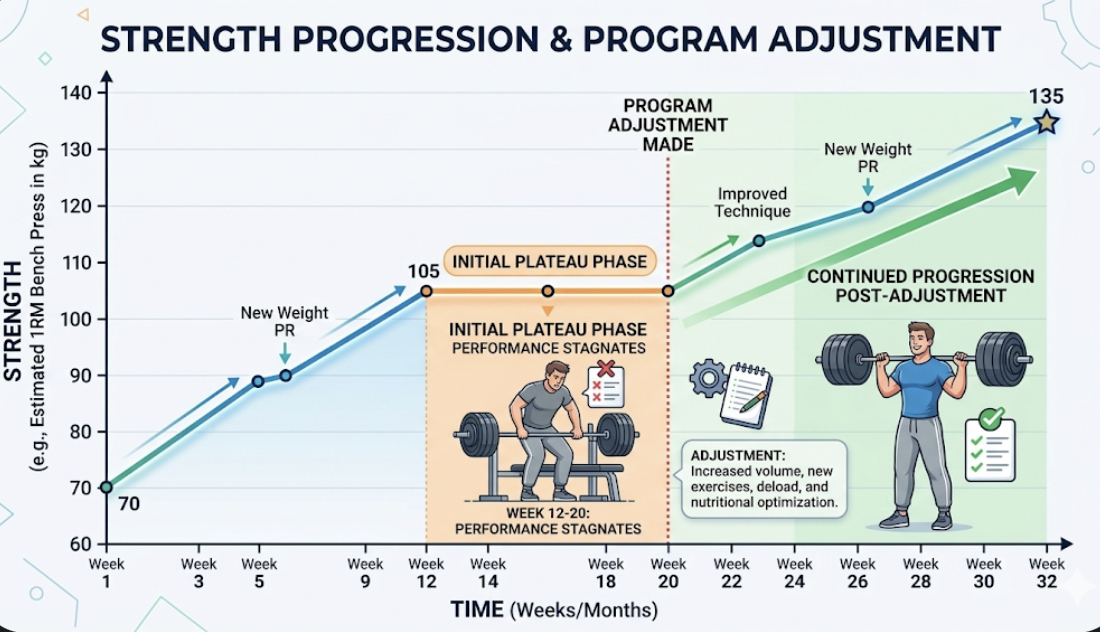Graph showing strength progression over time with plateau phase followed by continued increase after program adjustment and periodization