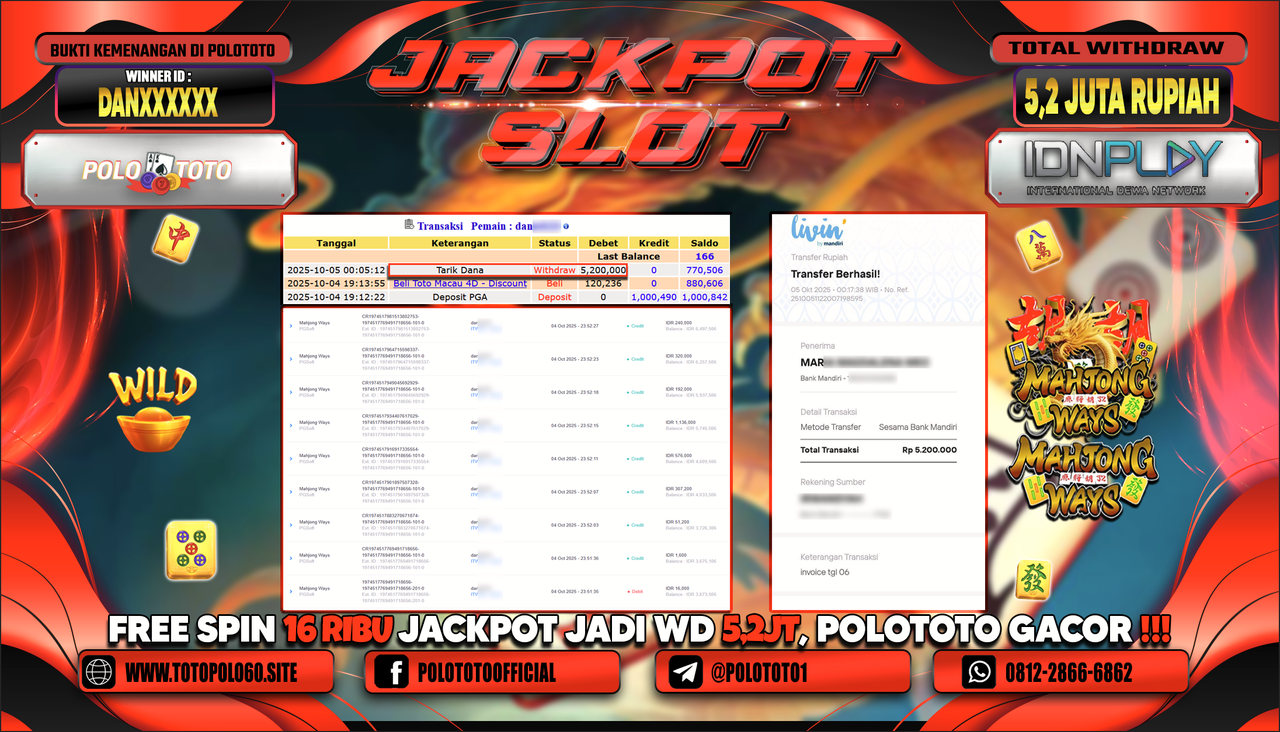 POLOTOTO JACKPOT SLOT MAHJONG WAYS Rp.5.200.000,- LUNAS