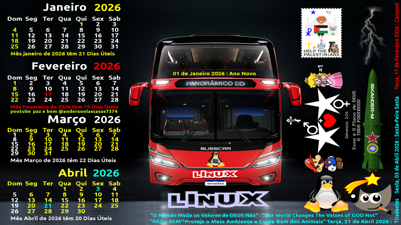 Busscar DD Panoramico NB1 Frontal Calendarios JFMA 2026 Extra Promo Gimp Linux 1920x1080 TV 0