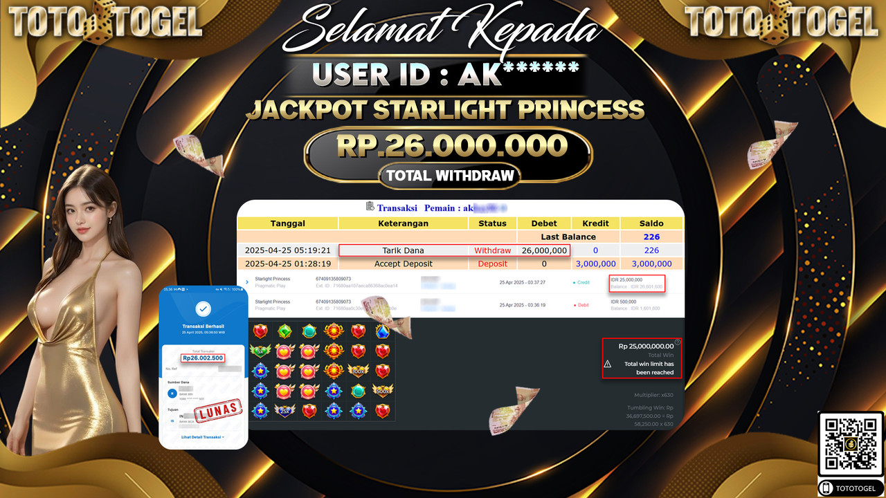 Bukti Pembayaran Jackpot  Permainan Slot Starlight Princess ID:AK***** LUNAS