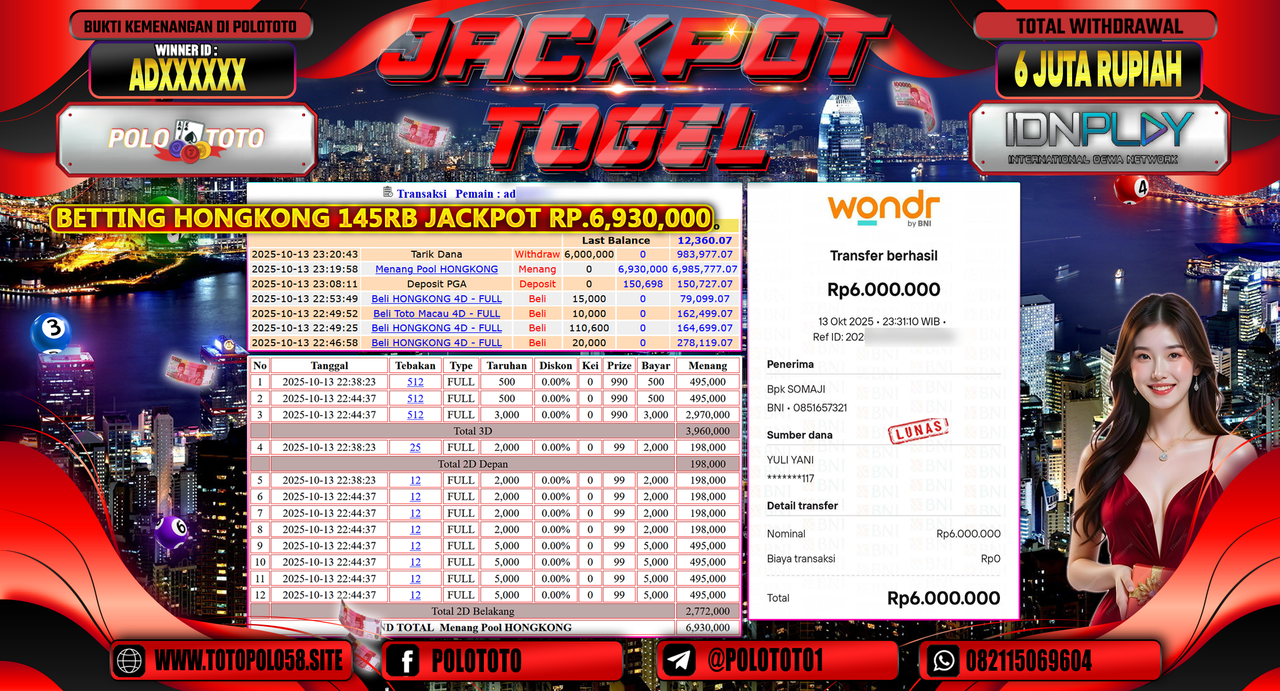 POLOTOTO JACKPOT TOGEL HONGKONG LOTTO Rp.6.000.000,- LUNAS