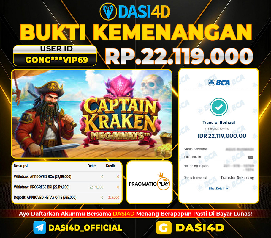BUKTI KEMENANGAN 11 SEPTEMBER  2025 DI  CAPTAIN KRAKEN MEGAWAYS RP 22.119.000