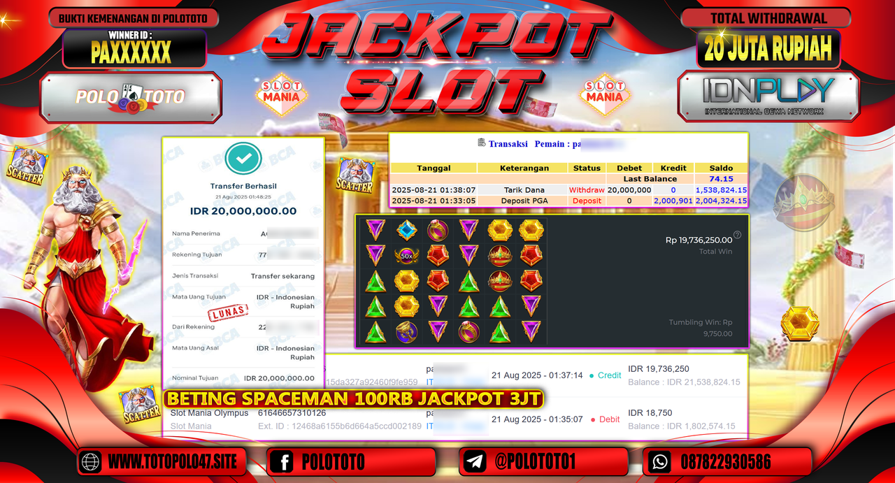 POLOTOTO JACKPOT SLOT MANIA OLYMPUS Rp.20.000.000,-