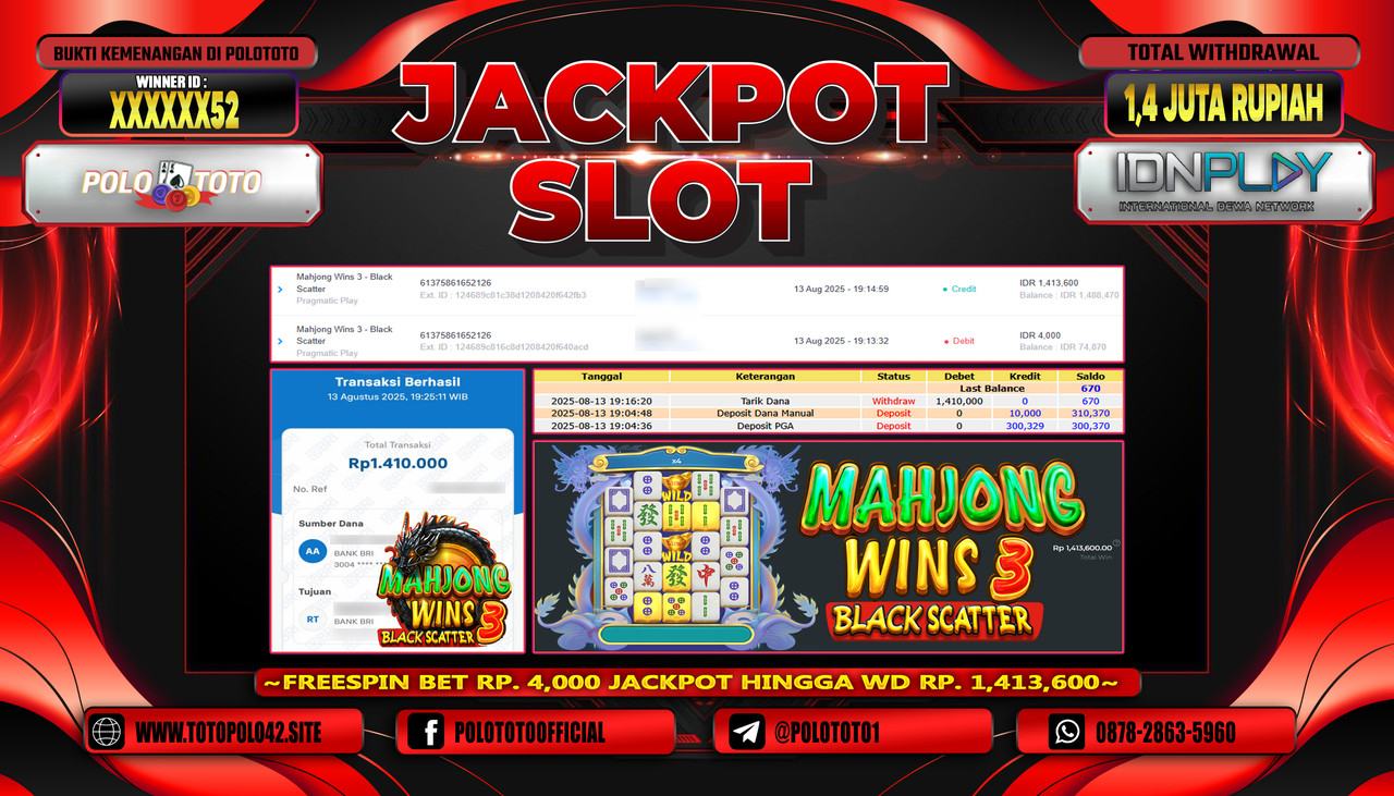 POLOTOTO JACKPOT SLOT MAHJONG WINS 3 - BLACK SCATTER Rp.1.400.000,-LUNAS