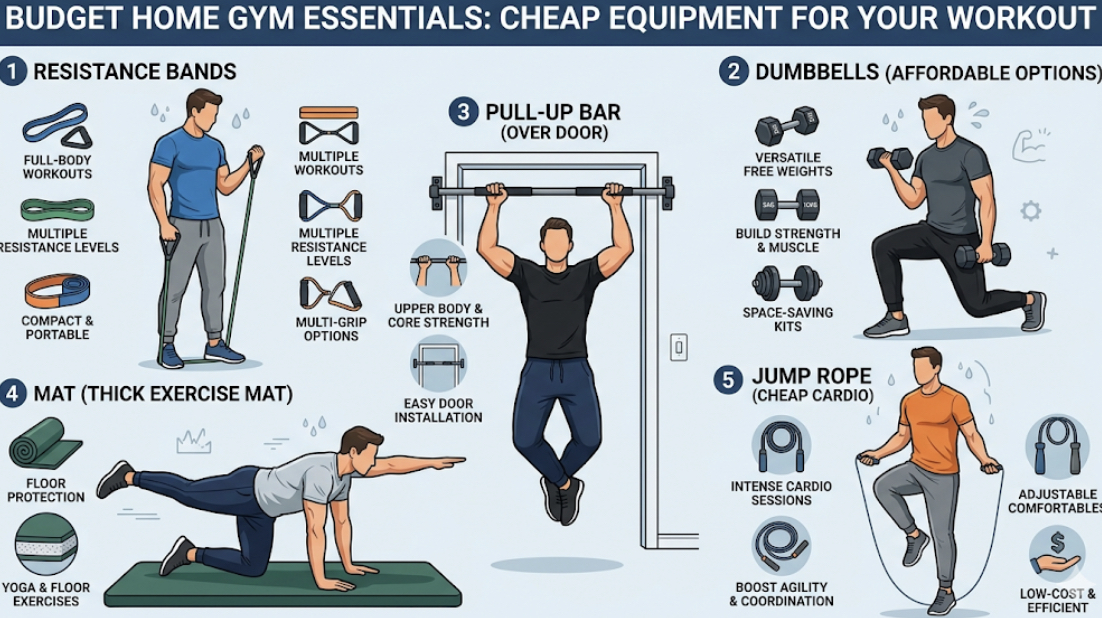 Budget home gym essentials showing cheap home gym equipment including resistance bands dumbbells pull-up bar mat and jump rope for affordable home gym
