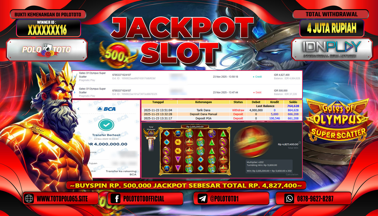 POLOTOTO JACKPOT SLOT GATES OF OLYMPUS SUPER SCATTER Rp.4.000.000,- LUNAS