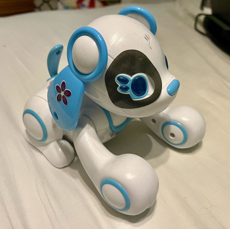 A white and blug robot dog toy