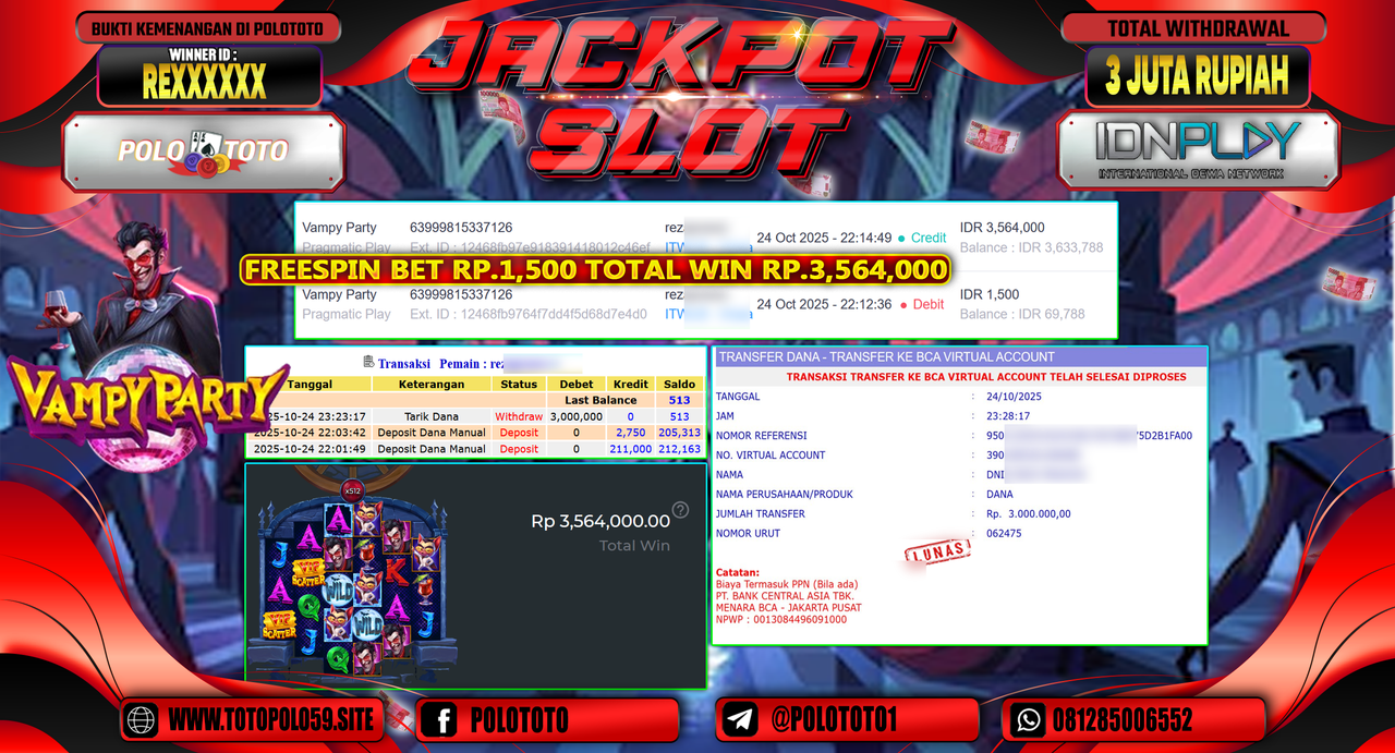 POLOTOTO JACKPOT SLOT VAMPY PARTY Rp.3.000.000,- LUNAS