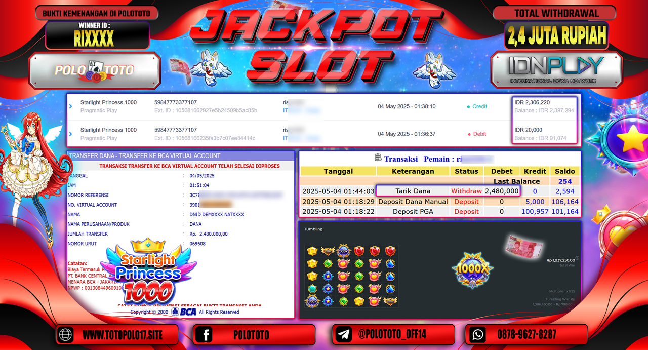 POLOTOTO JACKPOT SLOT STARLIGHT PRINCESS 1000 Rp.2.480.000,-