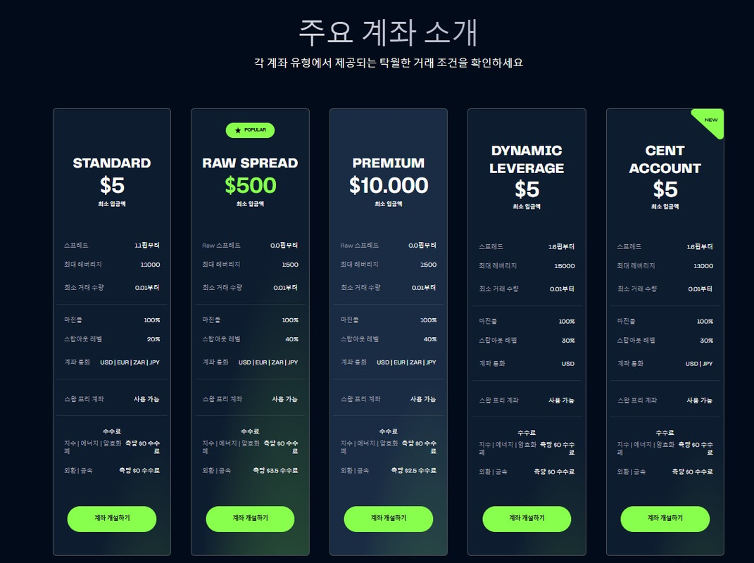 M4Markets 계좌 개요, 스탠더드, 로우, 프리미엄, 다이내믹 레버리지 및 센트 옵션.