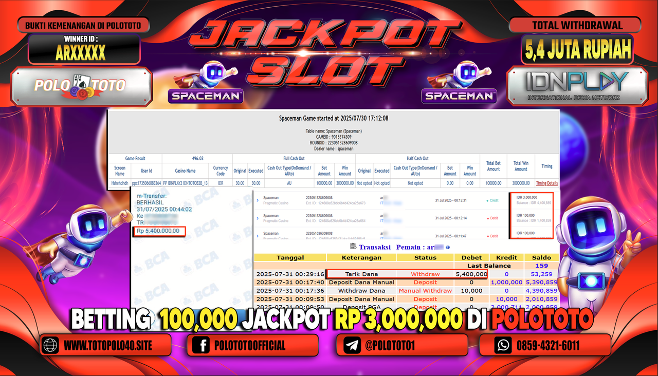 POLOTOTO JACKPOT SLOT SPACEMAN Rp.5.400.000,-LUNAS