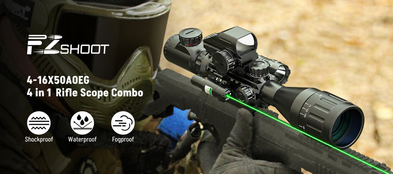 Technical schematics and full component breakdown of the EZshoot tactical rifle scope for hunting and shooting