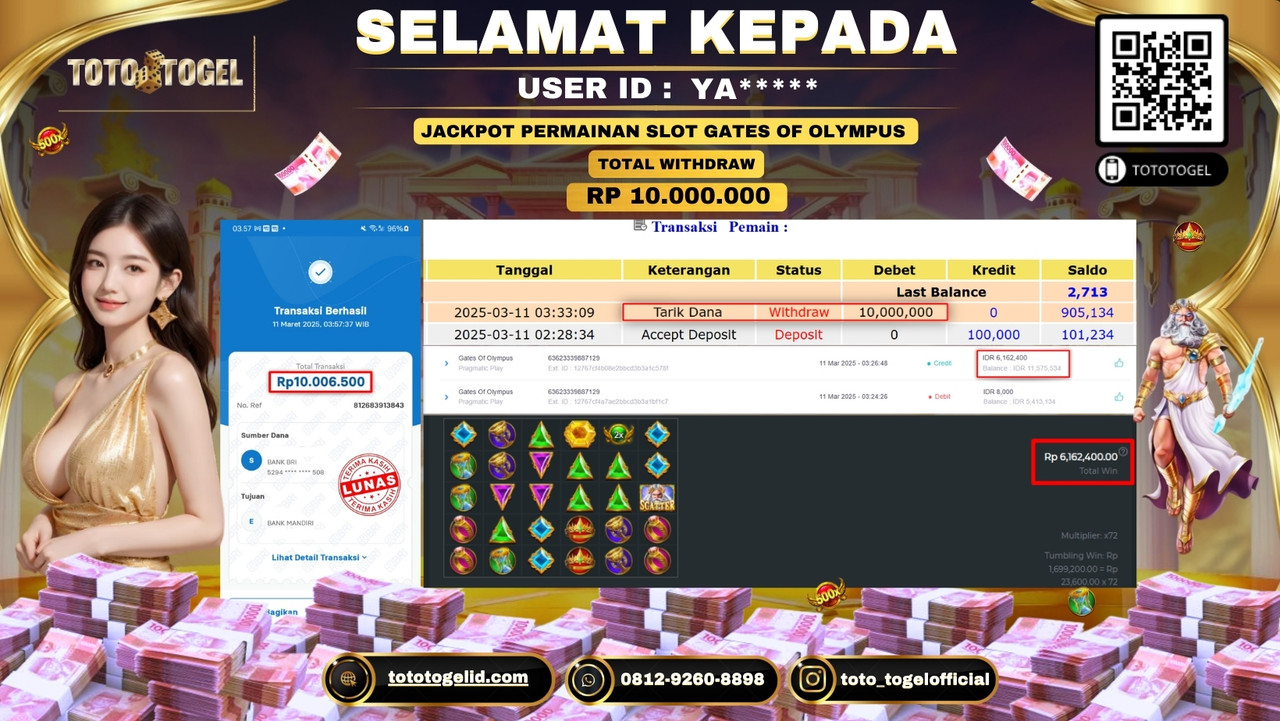 Bukti Pembayaran Jackpot  Permainan Slot Gates Of Olympus ID:YA***** LUNAS