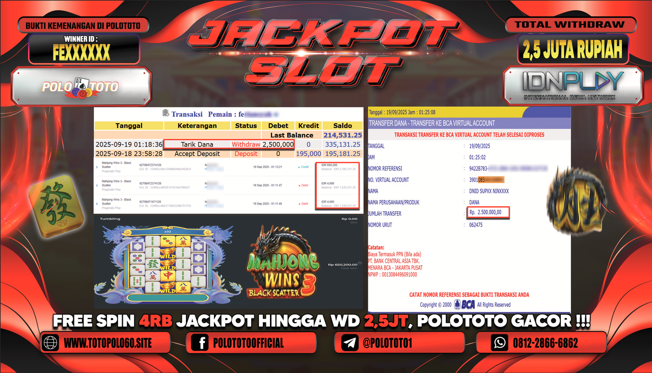 POLOTOTO JACKPOT MAHJONG WINS 3-BLACK SCATTER Rp.2.500.000,-