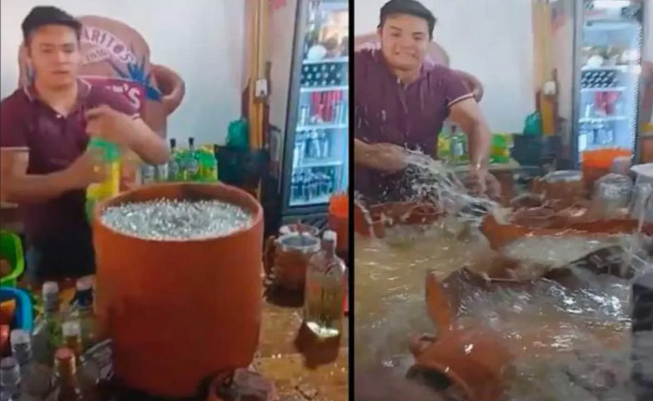 Piden cantarito gigante de tequila de 5 mil pesos, pero les explotó sin probarlo