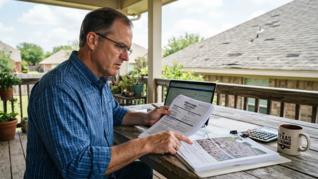 Homeowner reviewing insurance policy documents for hail damage roof claim Texas