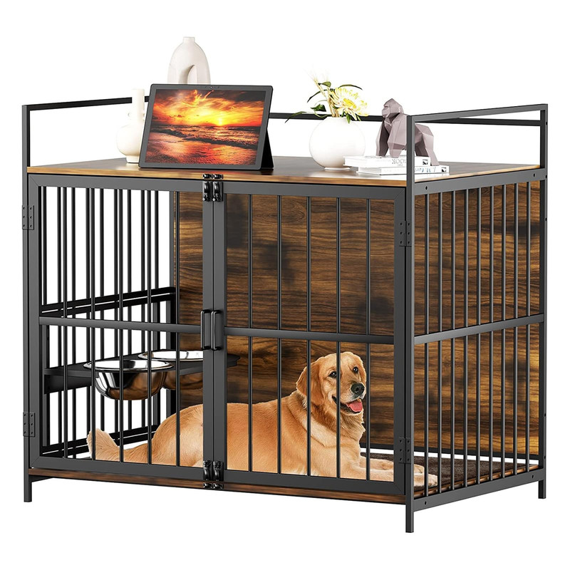 ROOMTEC Furniture Style Large Dog Crate with Raised Feeder