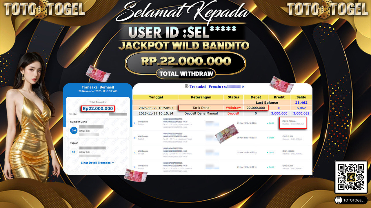 Bukti Pembayaran Jackpot Permainan Slot Wild Bandito ID:SEL***** LUNAS